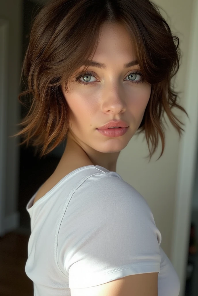 ((top quality, 8k, masterpiece: 1.3)), 1 girl, Czech, Caucasian, beautiful woman with slender abs: 1.3, (highlight haircut, chest A cup: 1.2), black see-through: 1.1, ultra detailed face, detailed eyes, double eyelids, full body Underwear on bed, smile, brown hair, blue eyes