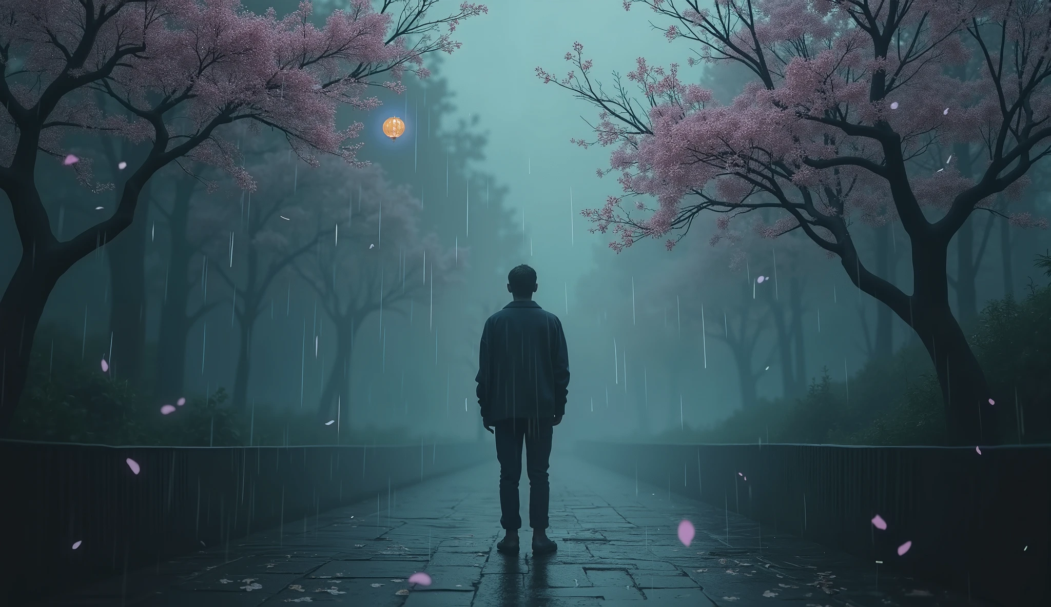 Create a moody, cinematic background image with a mix of dark and soft tones, such as deep blues, grays, and muted purples. Feature a solitary figure standing in the rain, symbolizing heartbreak and emotional turmoil, with a broken pathway or bridge in the background representing unfulfilled promises. Add falling cherry blossoms or maple leaves to symbolize the fleeting nature of love. Include a faint, glowing silhouette of a person walking away to represent the partner who left. Incorporate subtle cultural elements like lotus motifs, batik patterns, or glowing lanterns to resonate with Taiwanese, Malaysian, and Vietnamese viewers. Add a touch of retro-futurism with subtle holographic accents and soft light streaks. The overall mood should be heavy with sadness but carry a glimmer of hope and self-reflection, appealing to a young, trend-savvy audience.
