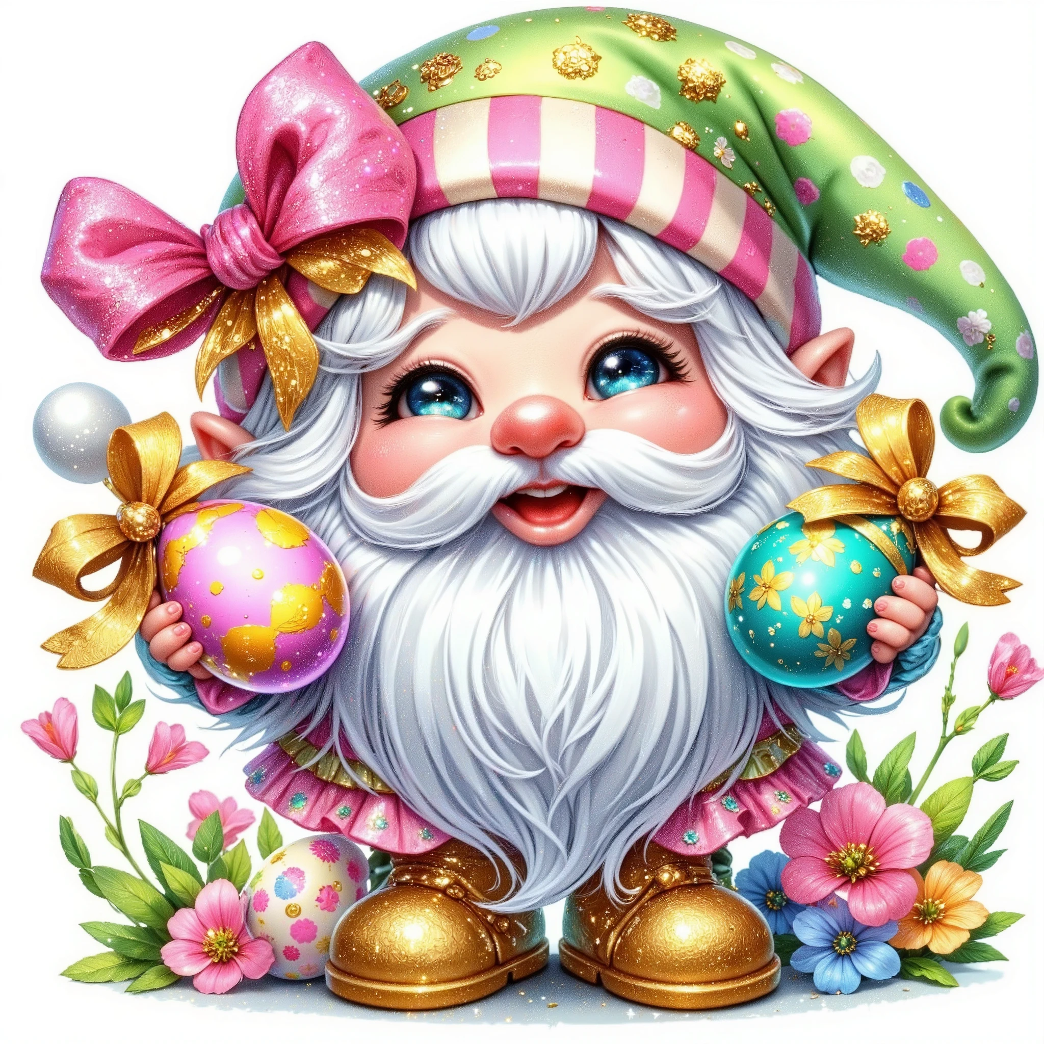 (((extremally ultradetailed: 1.4))) a quirky very happy expressive emotions by Gabriel Pacheco and disney,glossing vibrant vivid, white-pink-applegreen-lazurblue, with metallicgoldlines and inkblacklines, with clear contours, single very cute flirtous little 5years easter GARDENGNOMEin spring flowers, isolated clipart on white background,gold detailes,highfashion pose,whole-body,by Gabriel Pacheco and disney and marina fedotova,whole-body clipart (ultraglossing gold: 1.2)