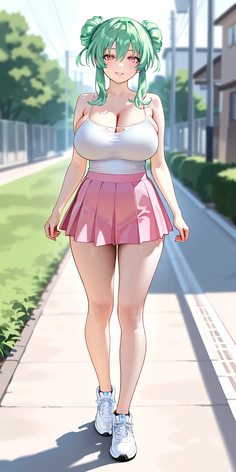 masterpiece, best_quality, 1girl, solo, tank top, lowleg skirt, pink hair, large breasts, limp body, under a bridge
