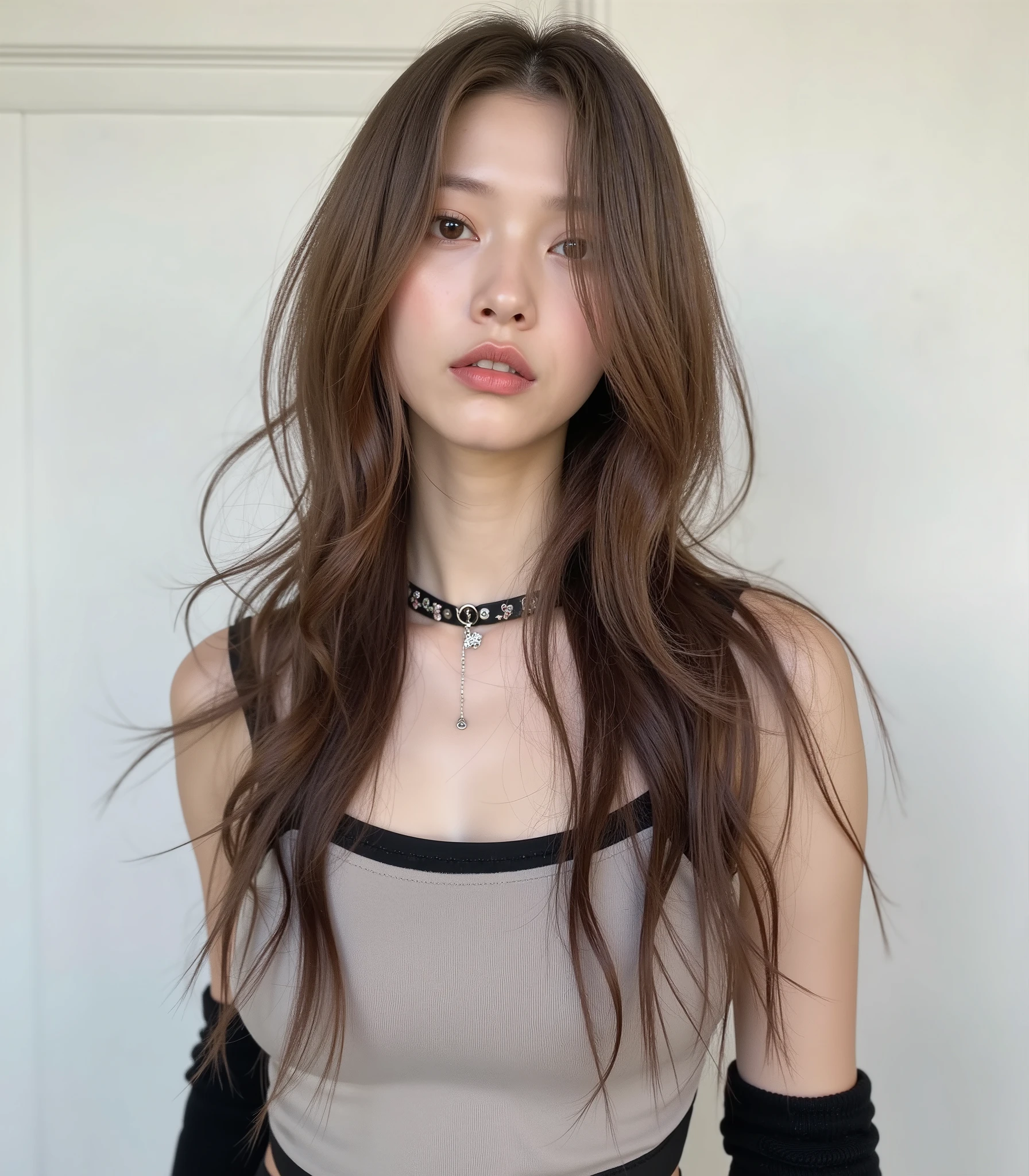 ((Best quality, 8k, Masterpiece :1.3)), 1girl, beautiful woman: 1.3, full body, (long hair: 1.2), ultra-delicate face, delicate eyes, double eyelids, korean girl, tank top, black choker necklace, armwarmers, jellyfish hair, grunge, edgy, grunge makeup