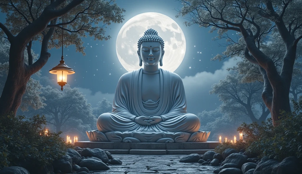 A large white Buddha statue sits in meditation, calm and still, amidst the moonlight, starlight and the light of a hanging lamp.
