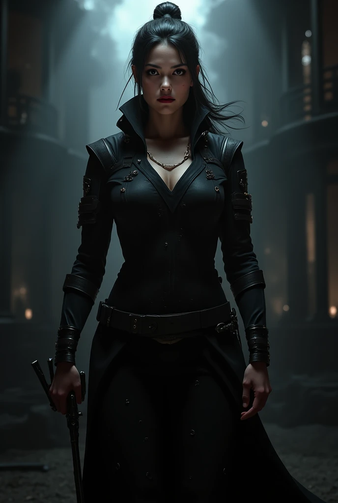 Tenebrism oil painting of a cunning young rogue in leather steampunk attire. Focus on her hands as she deftly breaks open a safe in the bank. The scene is in sfumato, chiaroscuro, and impasto thick brush style, with atmospheric perspective and dramatic lighting.