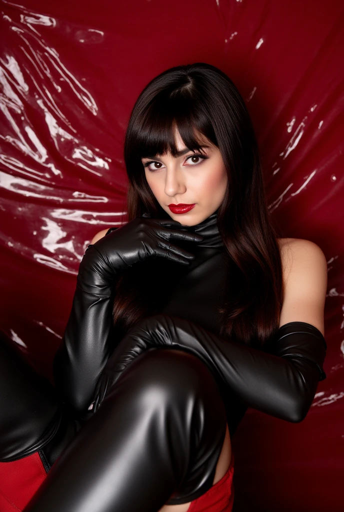 M-shape: A woman wearing a black rubber suit, her left hand on her lips, her right hand outstretched and open in front of the screen
