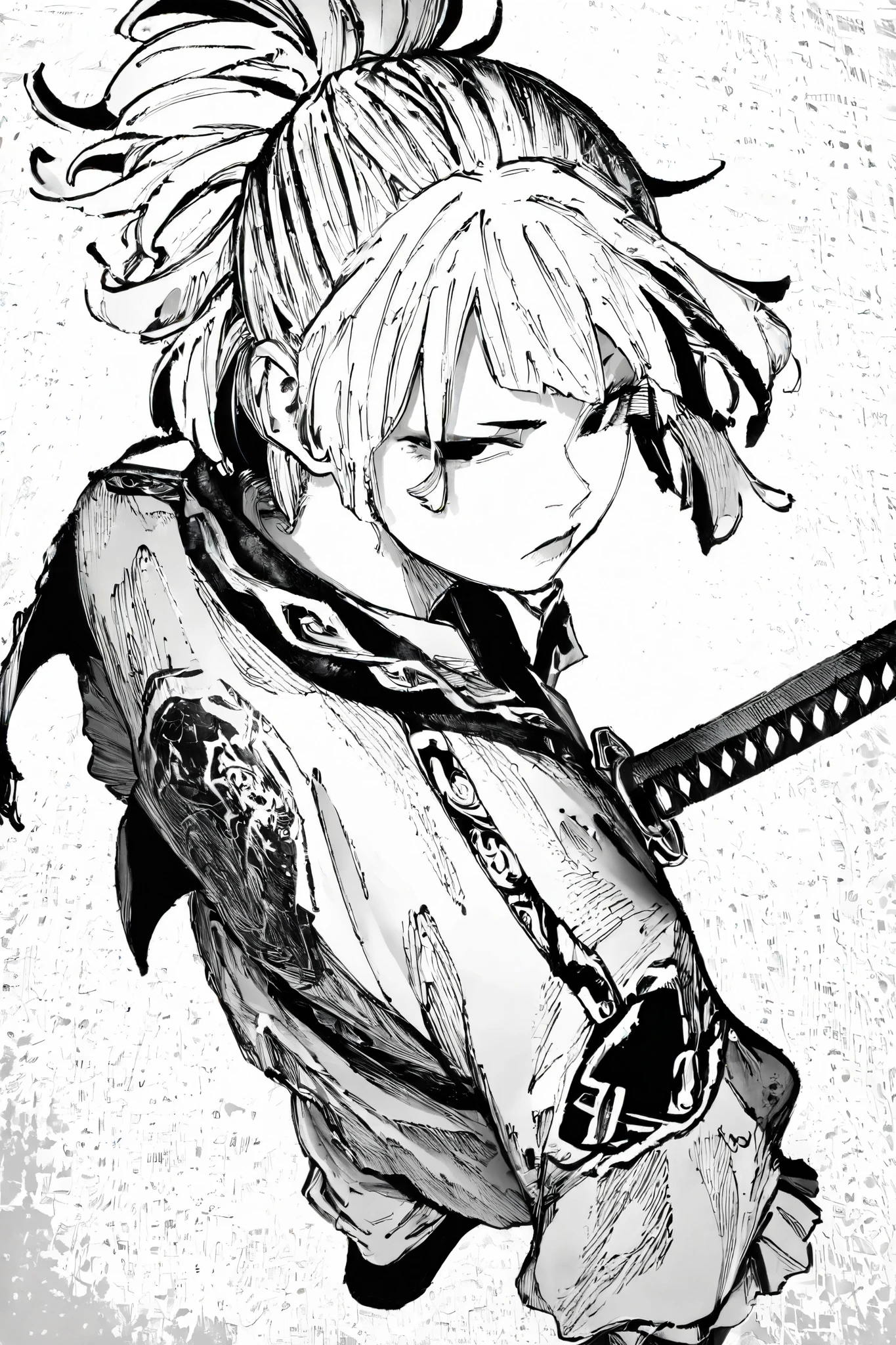 HDR, 8K, high contrast, masterpiece, best quality, amazing quality, very aesthetic, anime artstyle, realistic, hentai art, newest,
BREAK
bounce light, hyperdetailed, detailed hair strands, detailed fibers, monochrome, greyscale, line art, manga, Kentaro Miura, doinau
masterpiece, semi-realism, hyper detailed hatching,
foreshortening, perspective, dynamic angle, dynamic perspective angle, very aesthetic, Dynamic pose, white background,
1girl, holding katana, Katana on shoulder, lookng up at viewer, high angle, sheathe, looking to side, bun hairstyle, white hair, (back to viewer: 1.0), greyscale, monochrome,