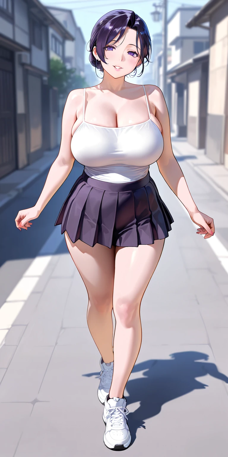best quality, masterpiece, absurdres, highly detailed, illustration, 1girl, glossy lips, natural lighting, aichan, short brown hair, braid, large breasts, blue eyes, white top, cleavage, layered miniskirt, tiered miniskirt, sandals, city street