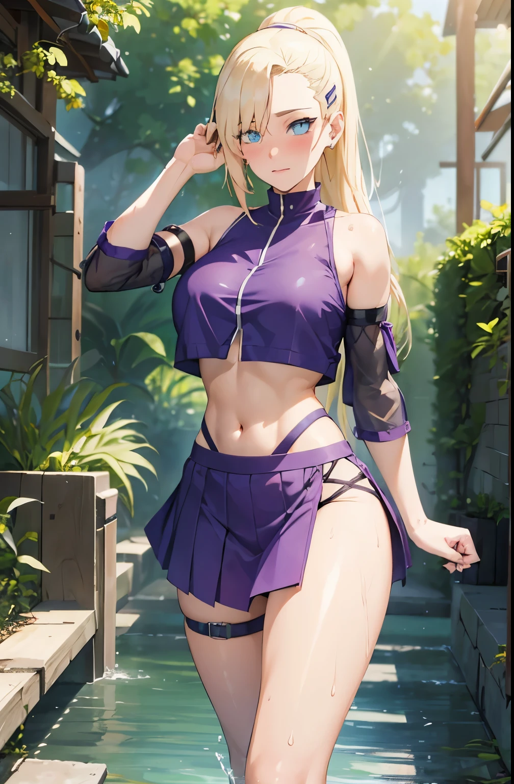 Highest definition, masterpiece, 4K, high resolution, one mature, adult, bewitching woman. Female, platinum blonde, straight hair, bob. Bangs parted 7:3. Slit eyes, model-like beauty, perfect proportions. Tank top, low rise hot pants. Her breasts are large and beautiful, and you can see her nipples standing up even on top of her clothes.
(In a wooded area, a woman is standing alone in the grass.
The woman's cheeks are flushed and she is smiling shyly.
(Very short skirt).