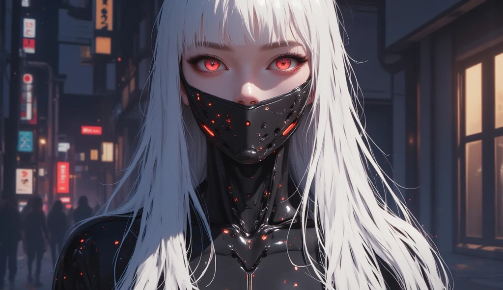 1 girl, white hair, oversized black hoodie, cyber daemon, loli, cyberpunk, ((cyber horns)), red eyes, cyberware, dreamy cyberpunk girl, cyberpunk art ultrarealistic, cybernetic hands, prosthetics, oni mouth mask