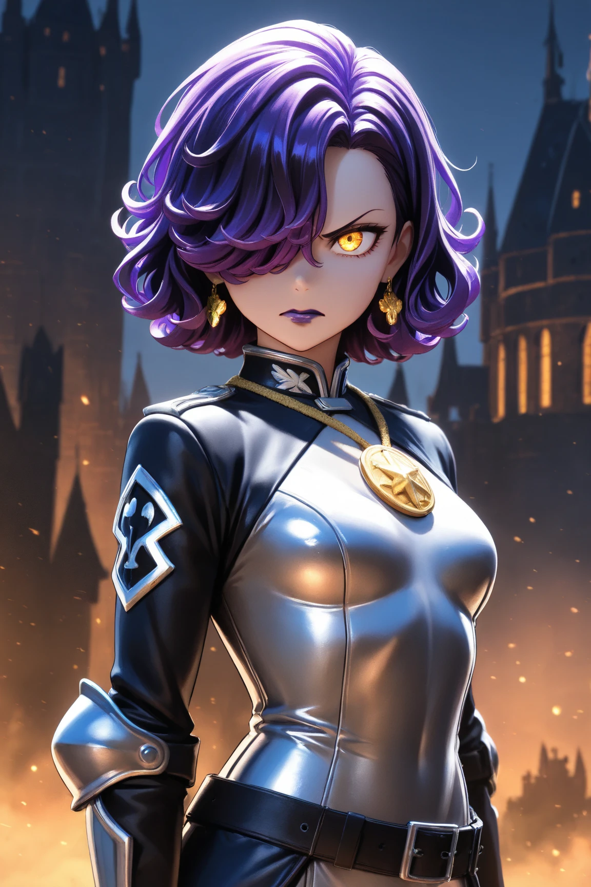 very dark shiny skin, shiny purple, purple curly frizzy afro hair, cute smile, glowing purple eyes, shiny gold accessories, tiny skinny slim body, cape, purple and gold clothing, night, medieval city, dark alleyway
