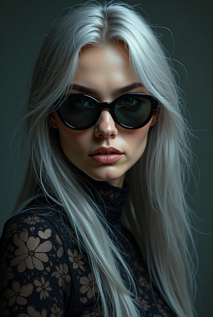 A woman with long white hair,will wear a white trop and a white skirt,I want her with white glasses and red lipstick,I want her wearing a silver brain necklace,I want her to pose holding her glasses,the background will be black