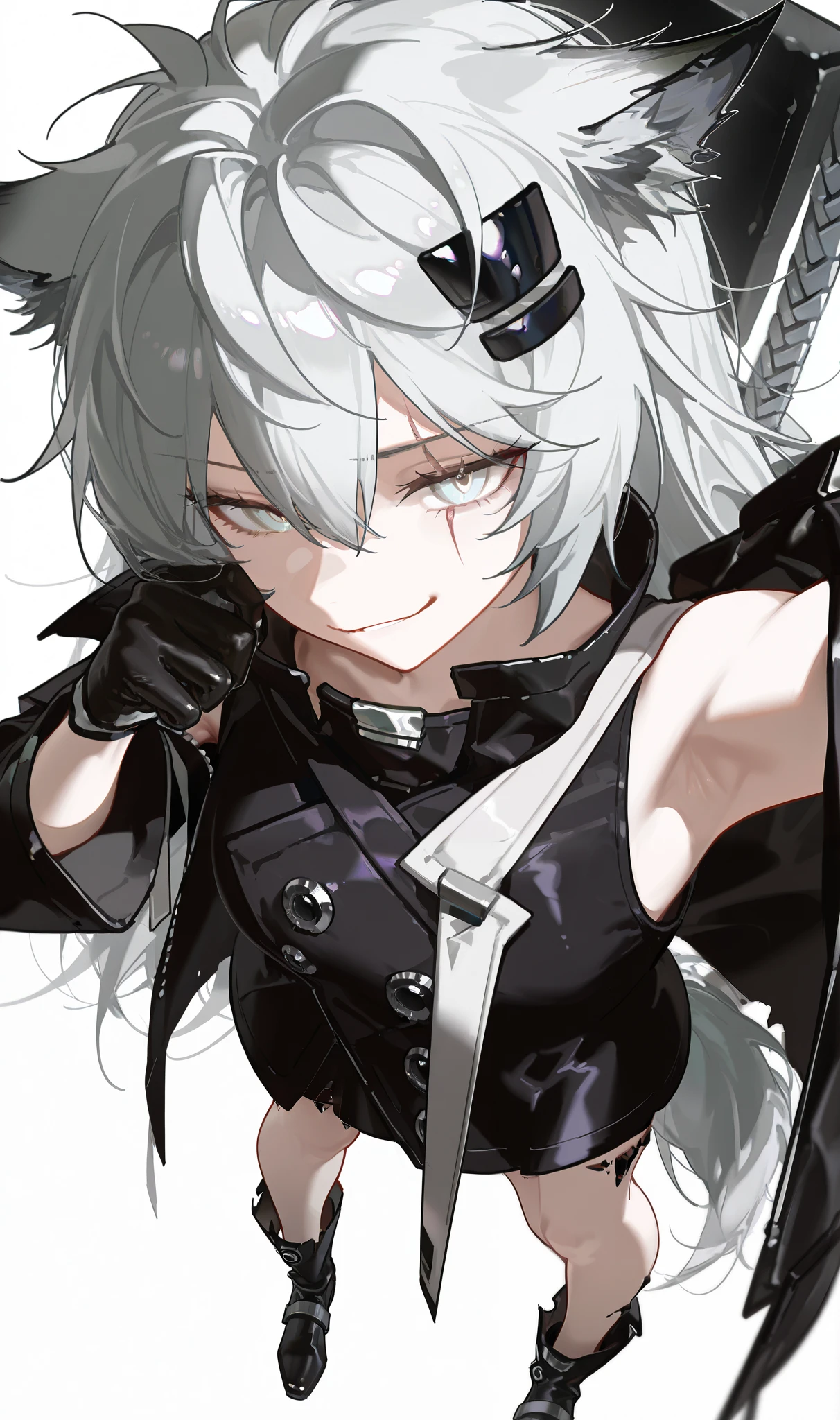 1girl,solo,
oripathy lesion \(arknights\),lappland_(arknights),lpddcdza,grey eyes,scar across eye,wolf tail,long hair,grey hair,hair between eyes,messy hair,hairclip,animal ears,animal ear fluff,smirk,
armpit,black coat, open coat, long sleeves, white vest, short dress, black dress, black gloves, black footwear, boots,weapon on back,
hand up,standing,
(armpit focus,from above,close-up),
masterpiece,best quality,newest,very awa,