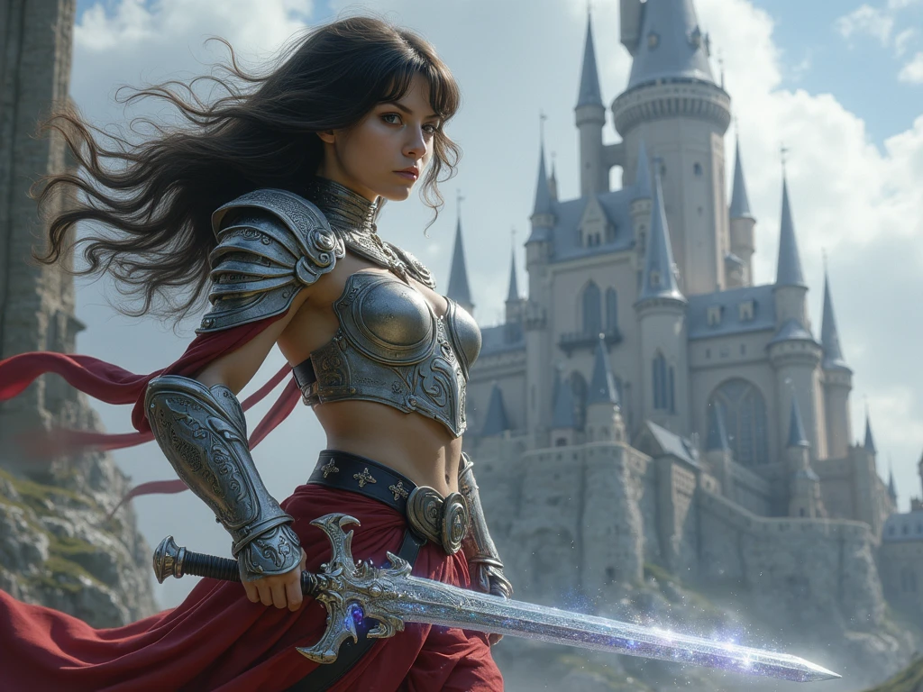Anita, best quality, (beauty), 1 girl, render based on physics, narrow waist, thin, big eyes, long legs, (small breasts), swollen eyes, facing the castle, late afternoon, (sunset), facing the viewer, fighting posture, (holding a sword and shield), firm expression, --auto