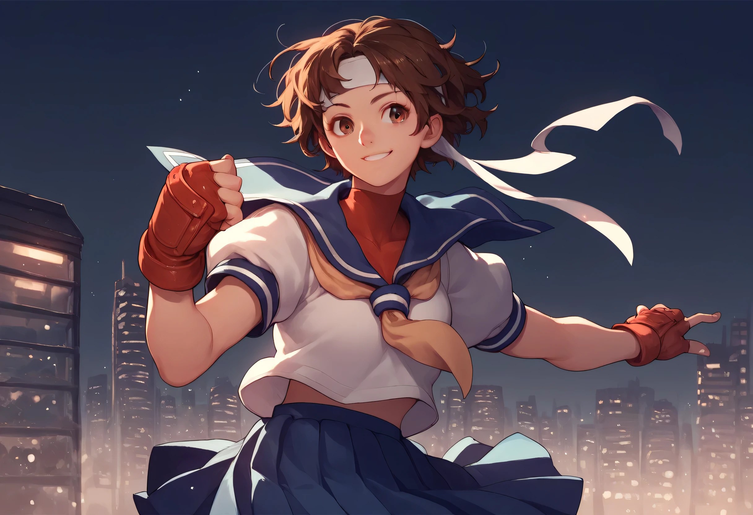 score_9, score_8_up, score_7_up, 1girl, solo, s4kur4, brown hair, short hair, brown eyes, headband, blue sailor collar, school uniform, serafuku, gloves, fingerless gloves, pleated skirt, smile, city night background