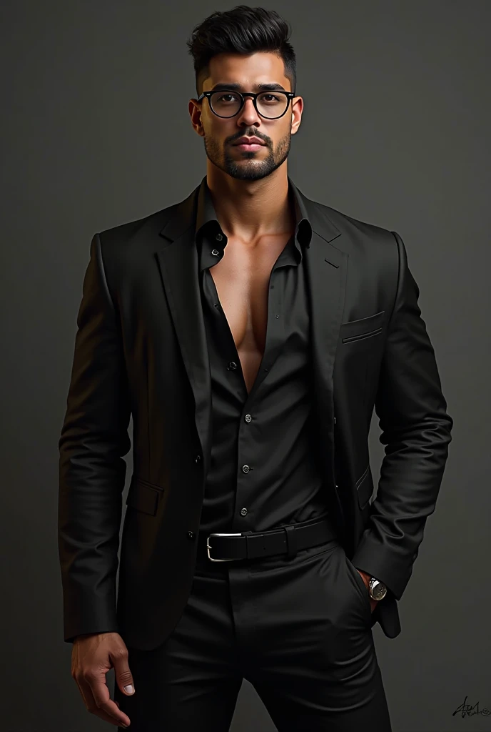 Real photo men&#39;s beauty fashion modern black clothing glamor luxury show haute couture latin man athletic sparkle stones 