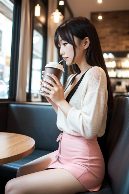 A youthful and beautiful Korea girl enjoying a cup of coffee at Starbucks. The girl is sitting in a cozy corner, with a smile on her face and a warm cup of coffee in her hand. The lighting is soft and warm, creating a relaxed and inviting atmosphere. The background is blurred, focusing all the attention on the girl and the coffee. The photo is taken in a realistic and natural style, capturing the beauty and charm of the girl in her everyday life. front-facing view.