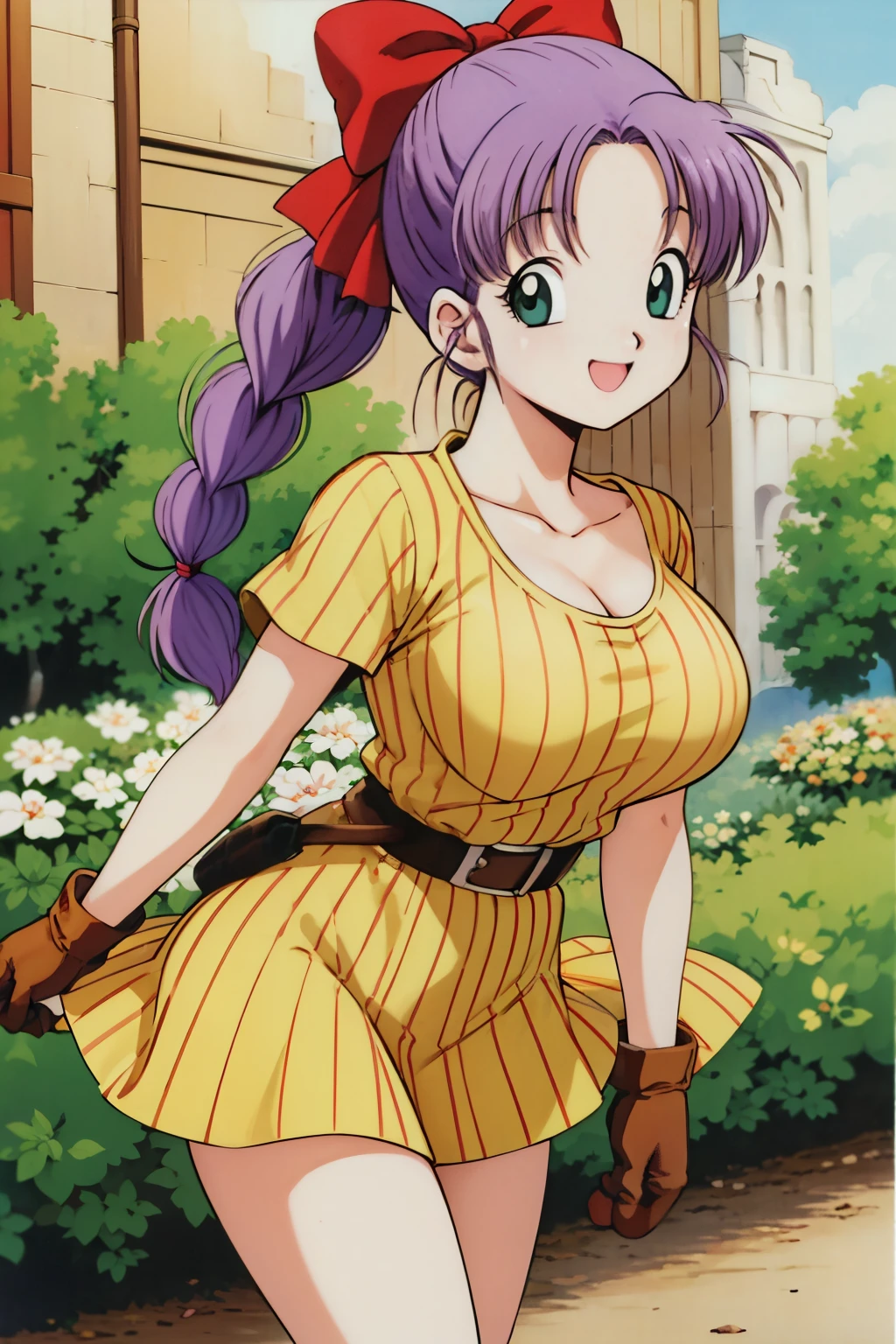 1990s\( style\)、1990sアニメセル画 style、Best Quality、Hi-Res、( big eyes:1.2)、1 girl、、embarrassing、smile、( Big Breasts:1.2)、、masterpiece、 Best Quality、( 1 girl:1.4)、masterpiece、Best Quality、Hi-Res、slender,busty,blmponytail、 purple hair 、hair bow、braided ponytail、Yellow Vertical Stripe Dress,yellow shirt,yellow skirt,super miniskirt, brown gloves、 beautiful thighs,Outdoors、smile