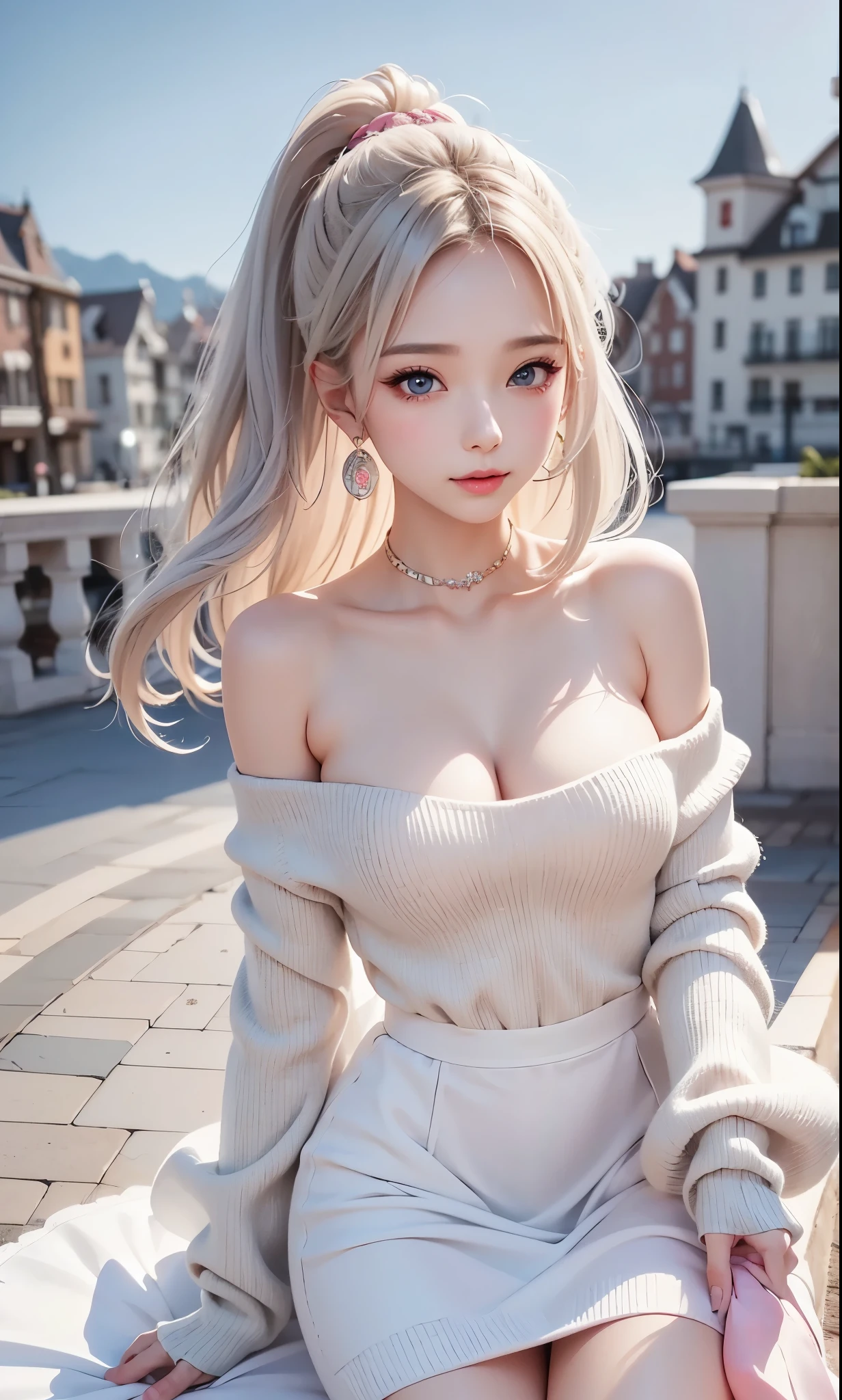 Cinematic lighting、(key light：Front diagonal 45 degrees, fill light、Backlight、shadow、blue and orange color palette), accurate human body、detailed person、Correct five-finger、RAW photo、4K - ultra-vivid、highest quality, masterpiece, ultra high resolution, (reality: 1.4), (((oil skin,sparkling skin、realistic skin texture、detailed beautiful skin、shiny skin、shiny skin)))、Raw photo, 8K, (highest quality), reality的な, (real picture, intricate details), (natural skin texture, fine skin, hyper realism, sharpness), (Japanese teenage girl standing in a dirty back alley at night, graffitied wall:1.3, sexy pose), ((white knit sweater, off shoulder, black shorts)), (((big breasts:1.5))), (pale skin:1.2), ((dark makeup、goth makeup、Ulzzang makeup)), (fascinating face, provocative look, parted lips:1.3), thigh, graffiti:1.5, trash can, at night, spot lighting:1.3, full body shot