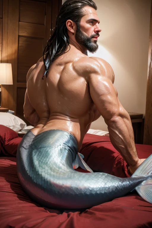 handsome, muscle, detailed face, blue mermaid tail, two male muscle mermaids, black beard, black haircut, two mermen, laying , visual harmony, epic wallpaper.