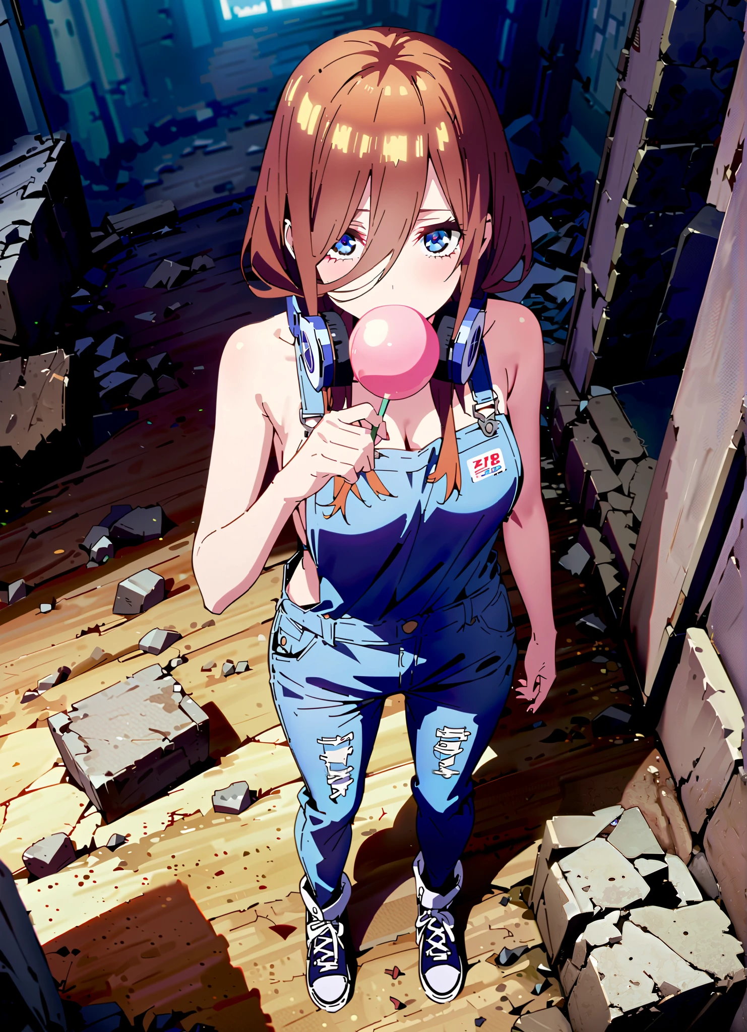 score_9, score_8_up, score_7_up, source_anime, Nakano Future, long hair, bangs, blue eyes, brown hair, o, headphones , headphones around neck, Big Breasts,sideboom,naked overalls, denim jeans,Sneakers,standing,Blowing bubble gum,rubble,full bodyがillustrationsに入るように, break outdoors,ruins,
break looking at viewer,full body,
break (masterpiece:1.2), Best Quality, Hi-Res, Unity 8K Wallpaper , (illustrations:0.8), (Beautiful Detailed Eyes:1.6), very detailed face, perfect lighting, highly detailed CG, (perfect hand, perfect anatomy),