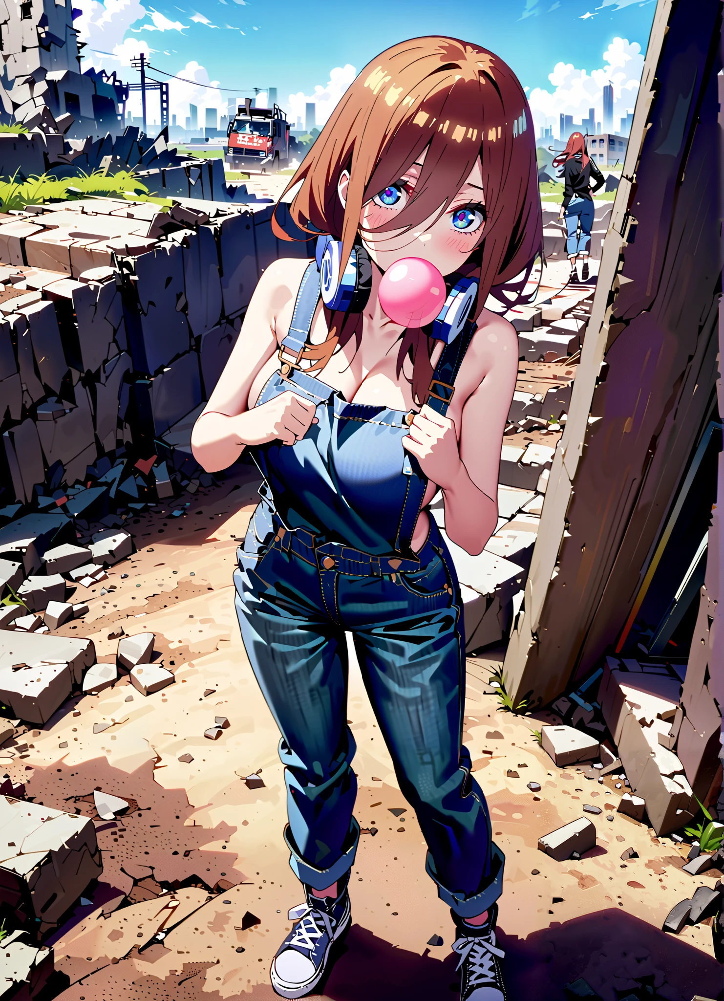 score_9, score_8_up, score_7_up, source_anime, Nakano Future, long hair, bangs, blue eyes, brown hair, o, headphones , headphones around neck, Big Breasts,sideboom,naked overalls, denim jeans,Sneakers,standing,Blowing bubble gum,rubble,full bodyがillustrationsに入るように, break outdoors,ruins,
break looking at viewer,full body,
break (masterpiece:1.2), Best Quality, Hi-Res, Unity 8K Wallpaper , (illustrations:0.8), (Beautiful Detailed Eyes:1.6), very detailed face, perfect lighting, highly detailed CG, (perfect hand, perfect anatomy),