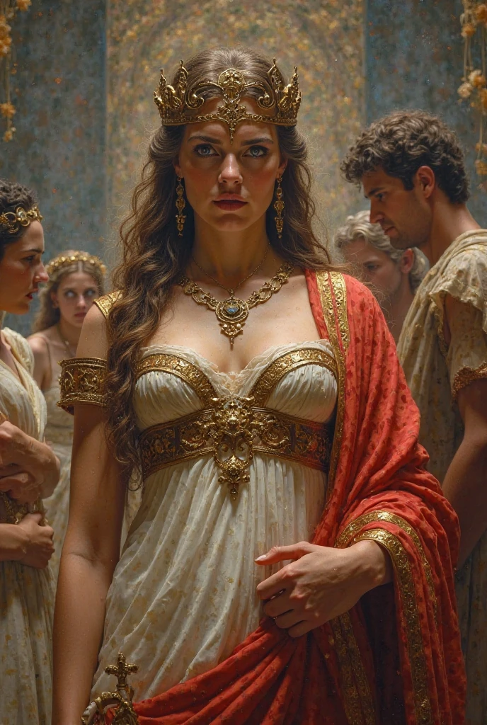 Beautiful woman, braided hair, sanity, fertility blouse,resembling arthemis of Ephsesus statue inside a roman temple, ,masterpiece, 8k, award winning, high quality, best quality, cinematic, extremely detailed, intense lighting, epic, extremely detailed <lora:Artemis_Ephesus:0.8>realistic photo, masterpiece, movie scene, white fertility blouse