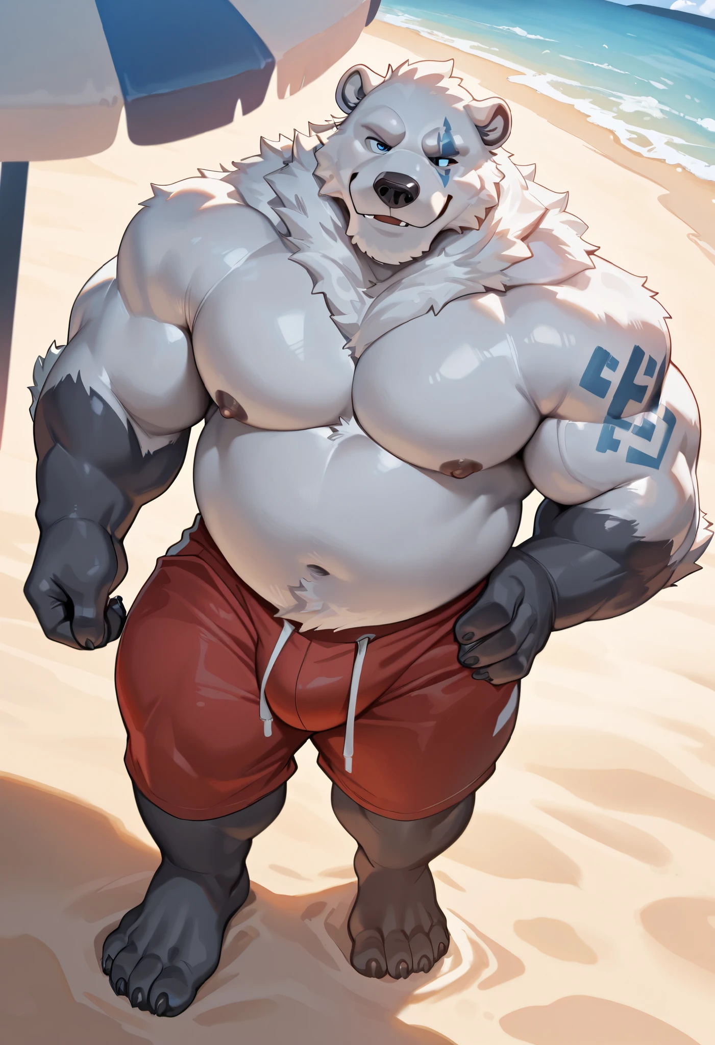 best quality,newest,masterpiece,absurdres,highres,safe,male furry,volibear,bara,Muscles,perfect anatomy,smooth,huge biceps,handsome,solo,safe,(5finger),claw,dutch angle,full body,beach,sunglass,red short pants,chubby muscluar