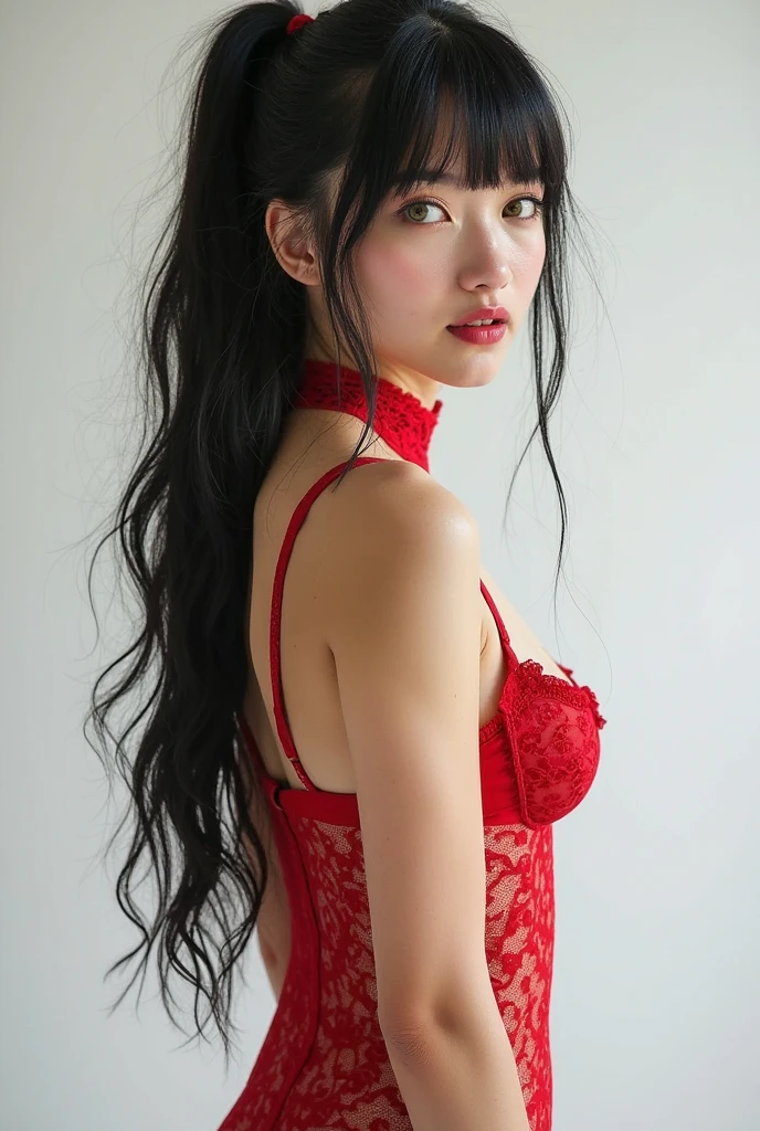20 year old girl, sexy model, red theme, long hair, high contrast (Natural skin texture, Hyperrealism, Soft Light, sharp), portrait, standing, kpop
