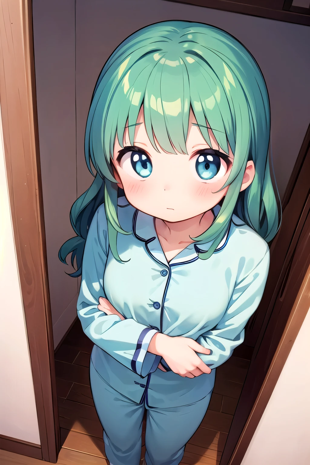 masterpiece,ulrra detail,best quality, girl,pajamas,scared to sleep alone, looking at viewer,from above, blush.   wavy hairnunnally lamperouge