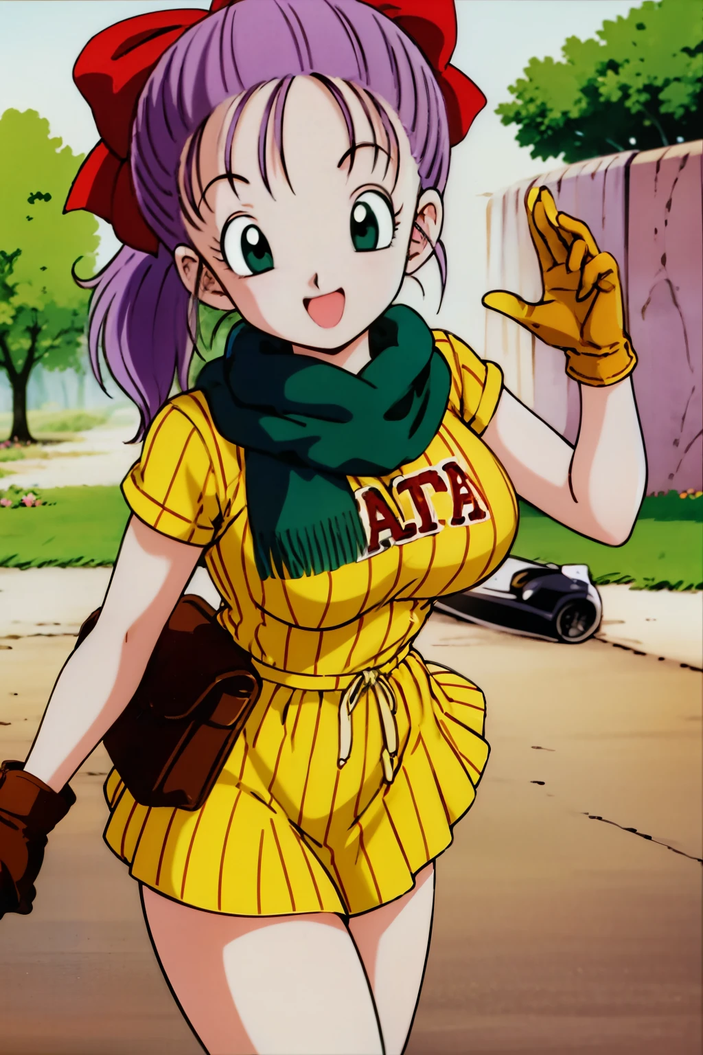 1990s\( style\)、1990sアニメセル画 style、Best Quality、Hi-Res、( big eyes:1.2)、1 girl、、is embarrassing、smile、( Big Breasts:1.2)、、masterpiece、 Best Quality、( 1 girl:1.4)、masterpiece、Best Quality、Hi-Res、slender,busty,blmponytail、 purple hair 、hair bow、braided ponytail、Yellow Vertical Stripe Dress,yellow shirt,yellow skirt,super miniskirt, green scarf , brown gloves、 beautiful thighs,Outdoors,flirty pose,style make your skirt roll up