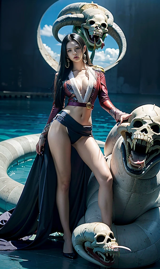 masterpiece, (Realistic:1.5), Highest quality, Beautiful lighting, Real Life, boa hancock, (only solo people ), 2 or more people NG, (perfect anatomy) , beautiful , , , , , , , large breasts , Cleavage, Slim waist, smile, , standing alone , Sweat-soaked skin, , , , ,cowboy shot , , , , , , , , , blue sky, cloud, big pirate ship on the sea, , , , Complex, Attention to detail, Sharp focus, dramatic, (RAW Photos, 8K Ultra HD, Film Grain), Caustics, Scattered beneath th