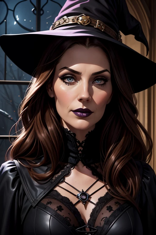 beautiful female witch, long red hair, big black witch hat, facing camera, night sky, full moon, highly detailed, royo