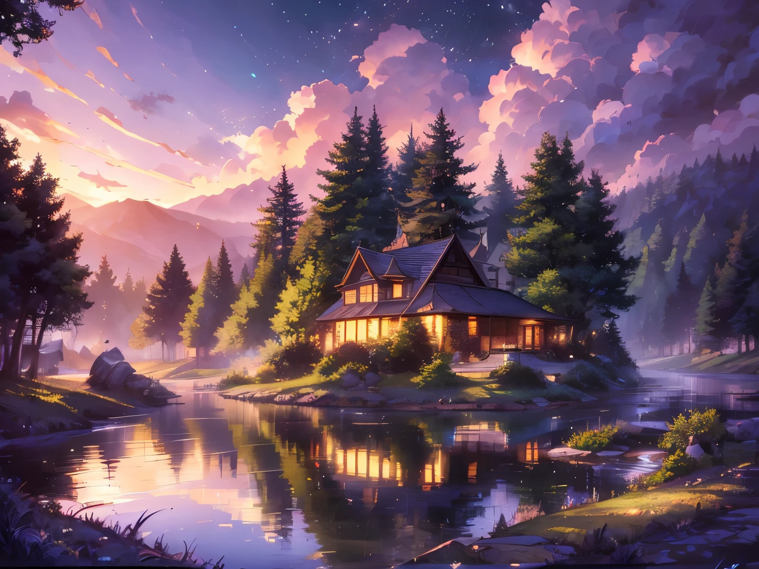 Beautiful forest square in summer.  the weather will be fine. there is no one on site. high quality. Style Anime. masterpiece, Soft light, very well detailed.