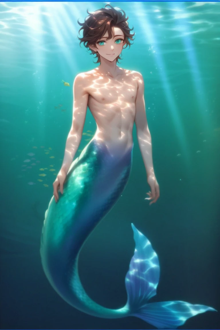 man, delicate face, mermaid body, anatomically correct, lying on a rock in the sea, anime type.