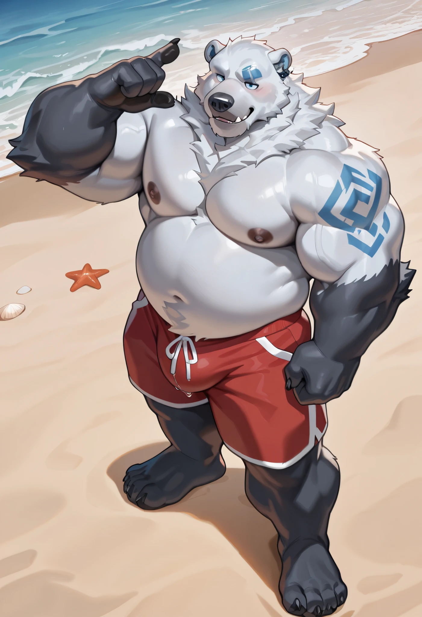 best quality,newest,masterpiece,absurdres,highres,safe,male furry,volibear,bara,Muscles,perfect anatomy,smooth,huge biceps,handsome,solo,safe,(5finger),claw,dutch angle,full body,beach,nude,huge penis,cum,chubby muscluar