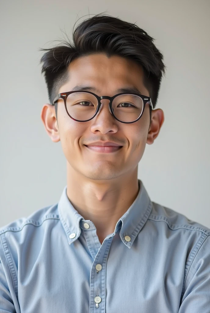 Andrew thomas huang, oval face, eyeglasses, neat muscular, shorts, bed