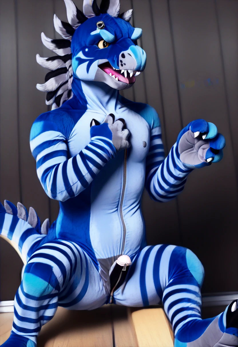 white sergal with buff chub build, giant bulge in boxers,, with collars and straps, dynamic pose, by darkgem