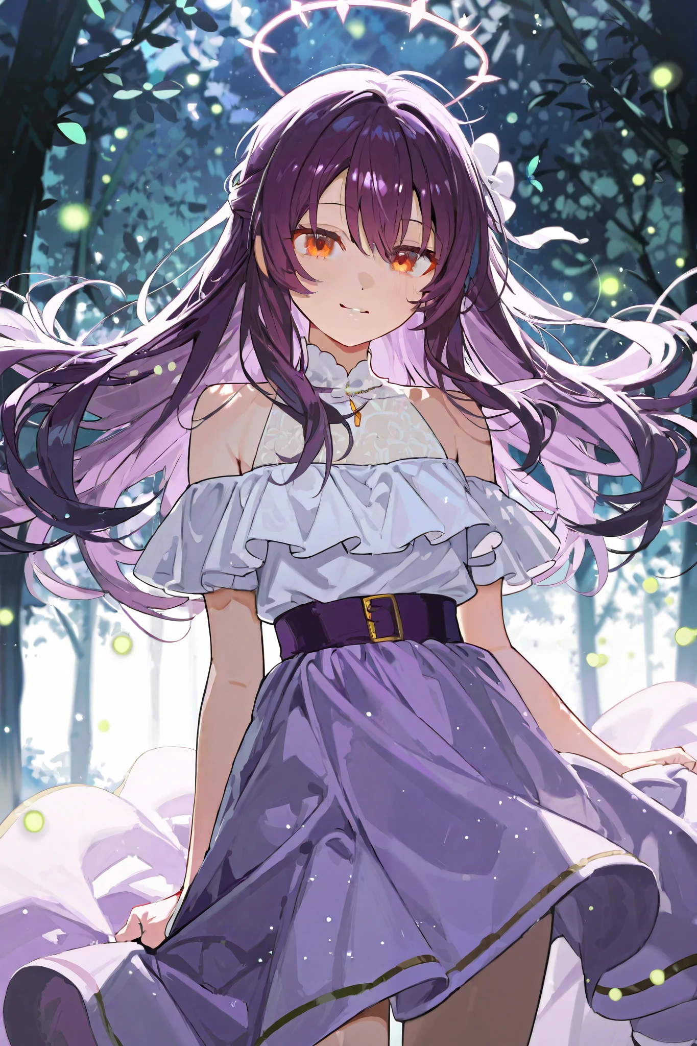 Girls with long dark purple hair, orange-eyed, her body is slender and elegant, open shoulder outfit in white and skirt in purple, headband accessories, See a night forest full of fireflies.
