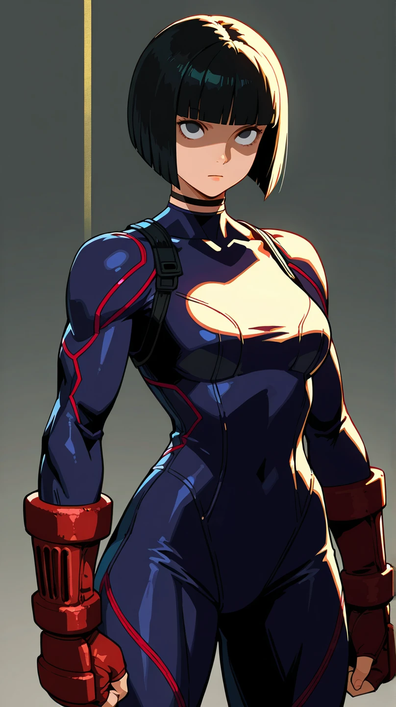 Masterpiece, Best Quality, Highly detailed, illustration, absurdres, street fighter, doll suit, shadaloo doll, nazi saluting, military, military saluting, salute, 1girl, solo, expressionless, blank eyes, looking at viewer, red gloves, emotionless, black latex, corrution, zofa suit, zofa soldier, mind control, female combatant, full body, hypnotized, standing, standing at attention, unhappy trance, full body suit, leotard, belt, Akebi's Sailor Uniform, akebi komichi, black hair, long hair, sky blue eyes, haigure