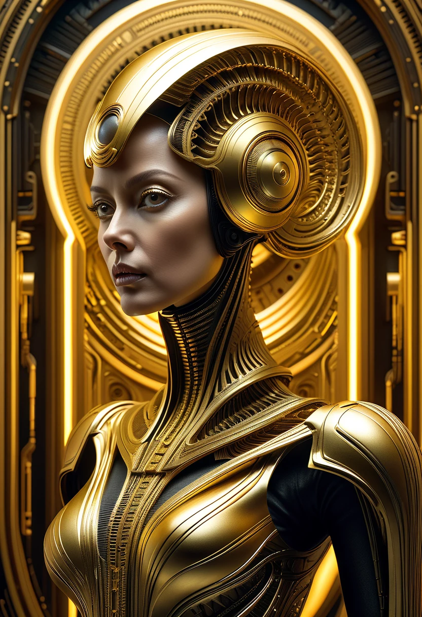 Very old photograph only in sepia color, Image is a stylized, futuristic portrait featuring a woman standing against a complex, circular, black and black geometric background. The woman has fair skin, short wavy dark hair, and striking facial features with a focused expression. She is adorned in a metallic, grid-like bodysuit that covers her torso and arms, with matching metallic accessories on her wrists and a headpiece. The intricate design of her outfit and the background suggests a sci-fi or cyberpunk theme, with the circular pattern behind her adding depth and a sense of technology. cgsociety, art deco, 1920s, hyperdetail, 1920s Tron film, digital illusions, photorealistic, artistic visuals inspired by Fritz Lang. ((cinematic film)), ultra-detailed, chiaroscuro, RAW photo, cinematic, artstation style, concept art, masterpiece, 8k, black and white, realistic textures, 3d rendering