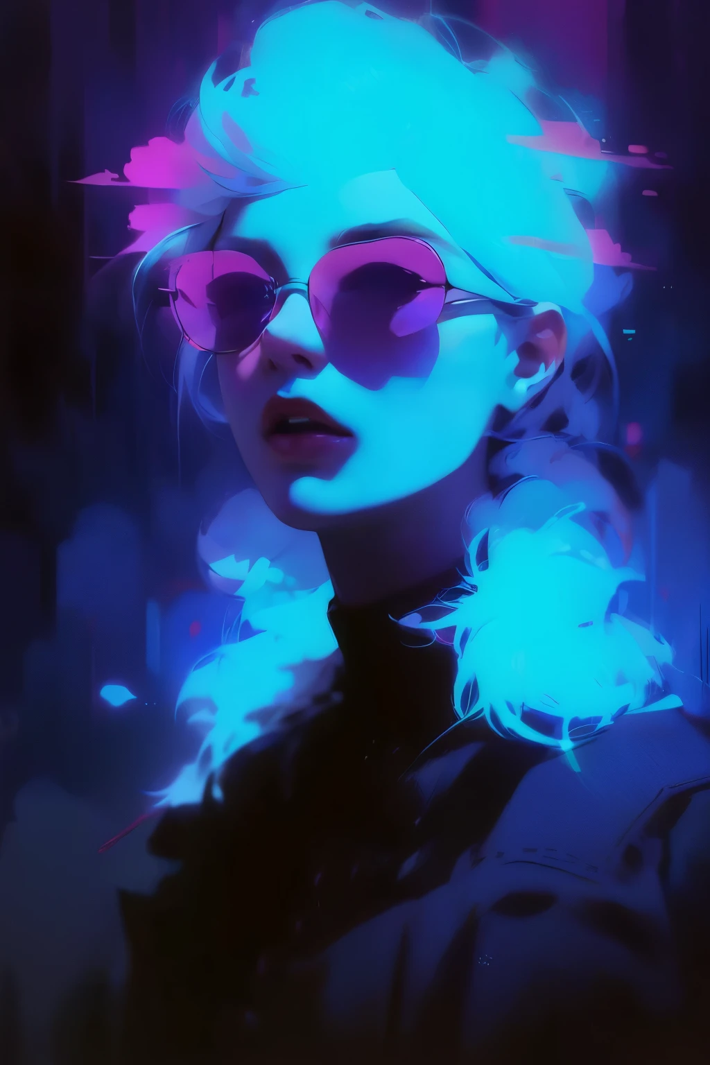 A close up of a woman with sunglasses and a blue wig - SeaArt AI