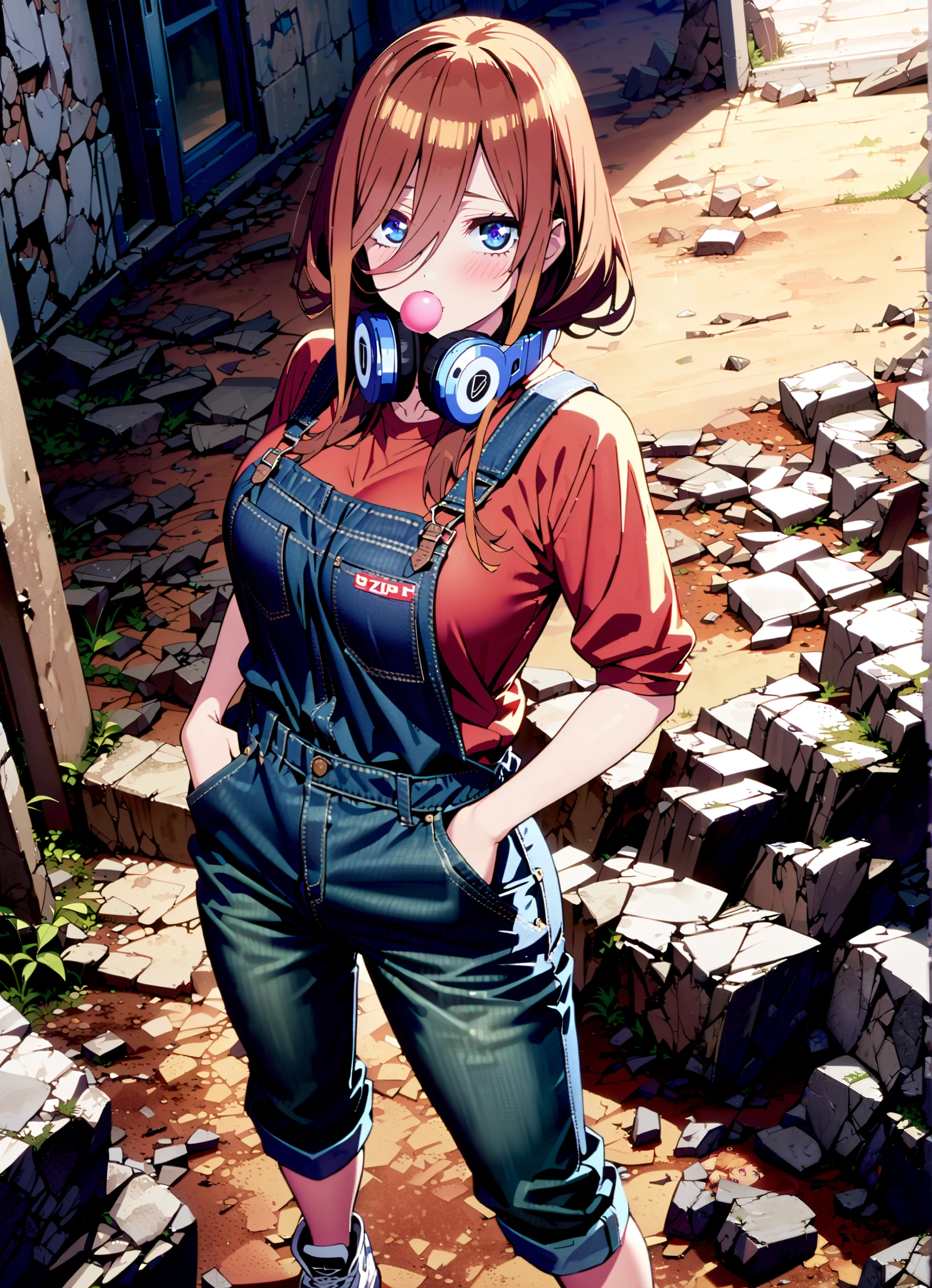 score_9, score_8_up, score_7_up, source_anime, Nakano Future, long hair, bangs, blue eyes, brown hair, o, headphones , headphones around neck, Baseball cap,Put your hands in jeans pockets ,Big Breasts,sideboom,naked overalls, denim jeans,sneakers,standing,Blowing bubble gum,rubble,full bodyがillustrationsに入るように, break outdoors,ruins,
break looking at viewer,full body,
break (masterpiece:1.2), Best Quality, Hi-Res, Unity 8K Wallpaper , (illustrations:0.8), (Beautiful Detailed Eyes:1.6), very detailed face, perfect lighting, highly detailed CG, (perfect hand, perfect anatomy),