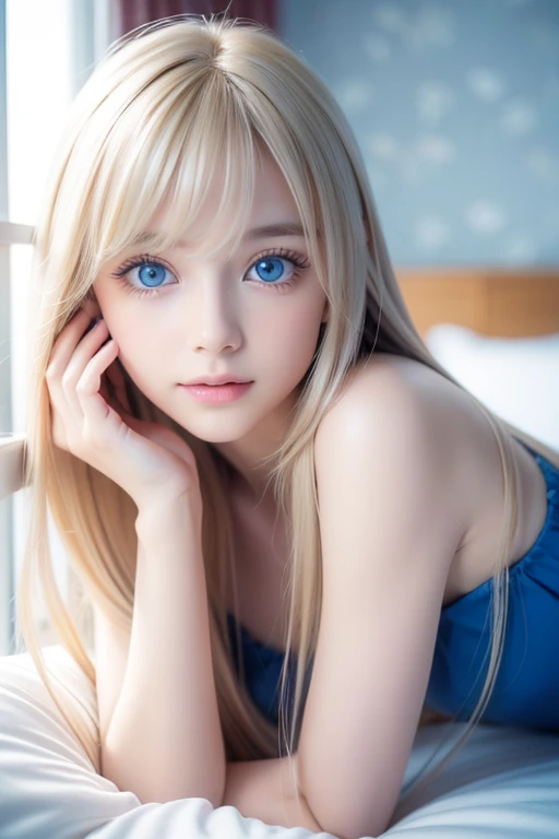 A very white and beautiful 20 year old blonde girl、masterpiece, highest quality, figure, Ultra-fine detail, Natural platinum blonde with a natural shine、Super long straight silky hair、Super long Rapunzel hair、Hair tangled all over the body、Messy bangs on the eyes,、Face-covering bangs、bangs、High resolution, 8K TV Wallpaper, Perfect dynamic composition, Beautifully detailed large light blue eyes , Very big eyes、of hotel(bed)、Small Face Beauty、Round face、On all fours、double eyelid