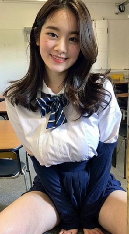a closeup, masterpiece, top-quality, FULL ANATOMY、Raw foto, Photorealsitic、(Cute little face:1.4)、(Very cute smile:1.7)、(with round face:1.8)、(She looks like an idol and is cute:1.7), (A dark-haired)、(cute school uniform:1.7), depth of fields, hight resolution, ultra-detailliert, finely detail, ighly detailed, extremely detailed eye and face, Realistic pupils, foco nítido, Cinematic lighting、18-year-old woman、(One lady、Only one person、独奏、without background:1.9)、 (poneyTail、curlyhair:1.4)、Very detailed 8k wallpaper、Show me your whole body、Looking at the camera、(Too short plaid pleated skirt、I can see the white panties、Plump panties、Lift the hem of the skirt with both hands、Showing her panties to the camera:1.7)、(Brown Long Boots:1.6)、Angle from below、(Thigh close-up:1.6)、(Nice figure、big breasts thin waist)、(Clothes with emphasized chest bulge、Colossal tits:1.6)、Background depth of field