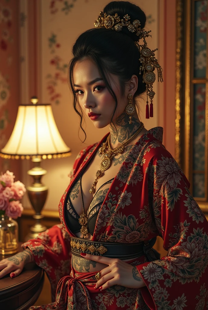 Create picture full body of a Asia girl 20yo, (rose' blackpink) hair and makeup like a geisha, wearing a geisha outfit, body tattoo ,frayed,
sitting and Make tea for yakuza, Atmosphere of ancient Japan,64k, grainy images, high resolution photos, strong contrast, Telephoto Lens, the image is dynamic, random post, random view,