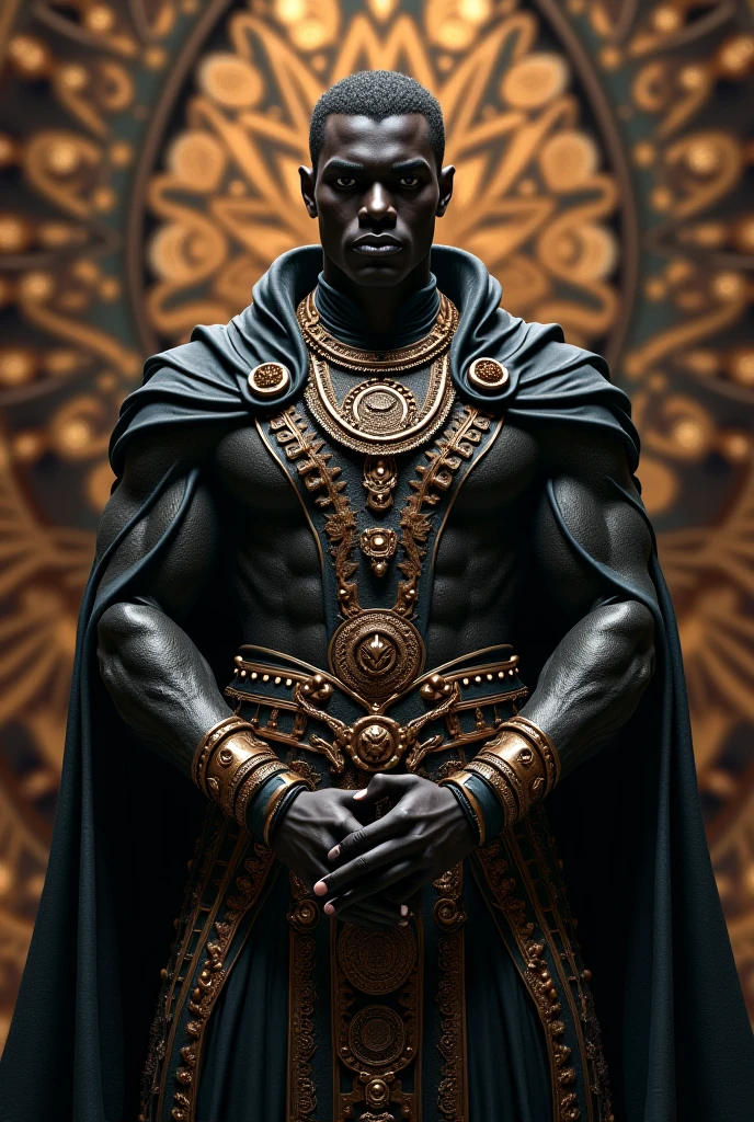 a black man with gold details on his skin. your skin is painted with golden spirals. a king. He has black hair and eyes as black as the night without stars and moon. uses quartz armor, white