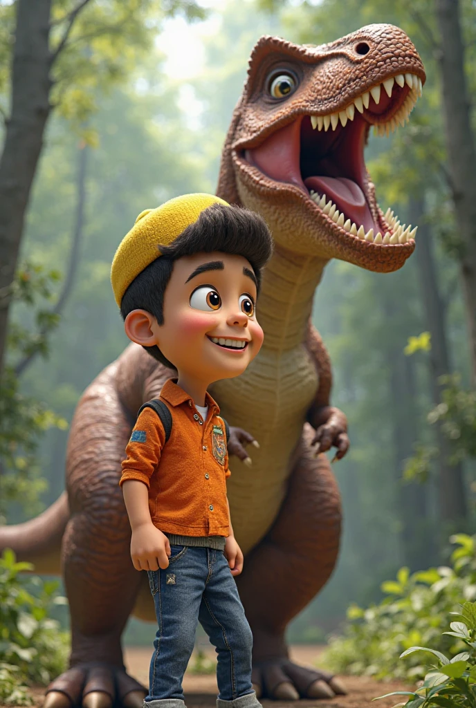 Super realistic 3D caricature with shiny skin of an Indonesian guy with short hair, wearing a plain black t-shirt, ripped jeans, white sneakers. Standing stylishly while his arms crossed. Octane rendering, very detailed. colorful graphics,T-REX roar background, focused lighting.