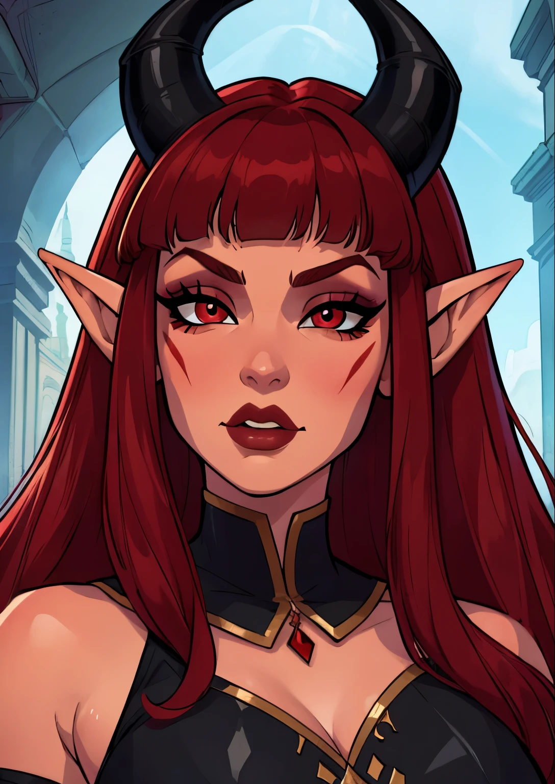 16K, Shampoo_(Ranma1/2), Close up, ((anatomically correct: 0.6)), 1 girl, Female_demon_knight, (Red: 1.5) demon_horns, (Fair skin), hourglass_figure, Sexy, Busty, Curvy waist, Plump butt, Nipple, (Long detailed cloak: 0.5), (Detailed long red/black dress with long sleeves), Front facing, Standing, Warrior, (Long Black/orange hair), (Red: 1.0) glowing eyes, Long pointy ears, Ultra-detailed face, Highly Detailed Lips, Detailed Eyes, Professional, Highly Detailed, ((Masterpiece: 0.3)), (((High Quality))), ((Night)) ((Standing in a medieval battlefield in front of a fantasy castle: 1.5)) (soft light coming off of bright blood moon: 1.5),