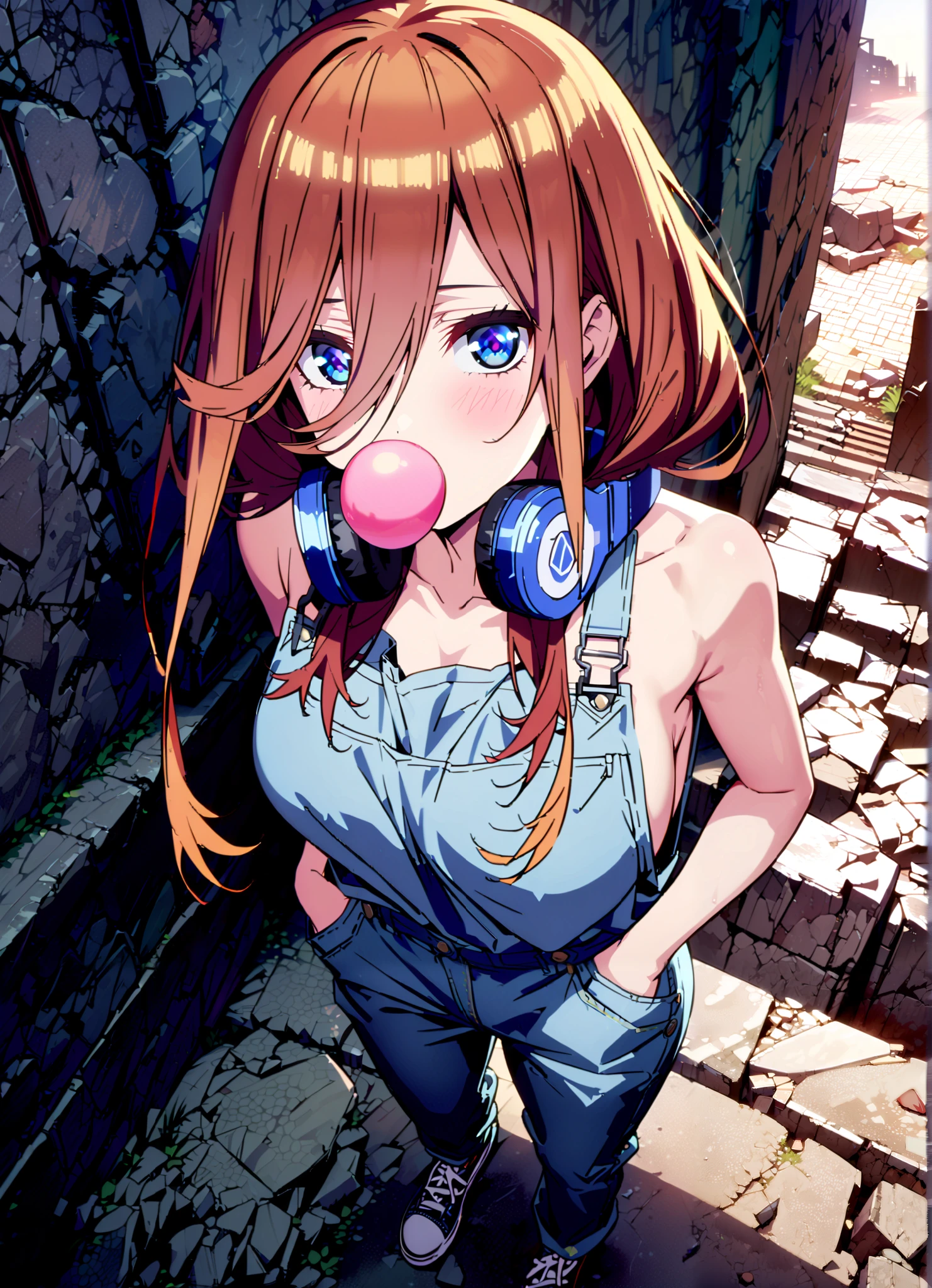  score_9,  score_8_up,  score_7_up,  source_anime, Nakano Future, long hair, bangs, blue eyes, brown hair,  o,  headphones ,  headphones  around neck, Baseball cap,Put your hands in jeans pockets ,Big Breasts,sideboom,naked overalls, denim jeans,Sneakers,standing,Blowing bubble gum,rubble,full bodyがillustrationsに入るように,       break outdoors,ruins,
break looking at viewer,full body,
break (masterpiece:1.2), Best Quality, Hi-Res,  Unity 8K Wallpaper , (illustrations:0.8), (Beautiful Detailed Eyes:1.6), very detailed face,  perfect lighting, highly detailed CG, (perfect hand, perfect anatomy),
