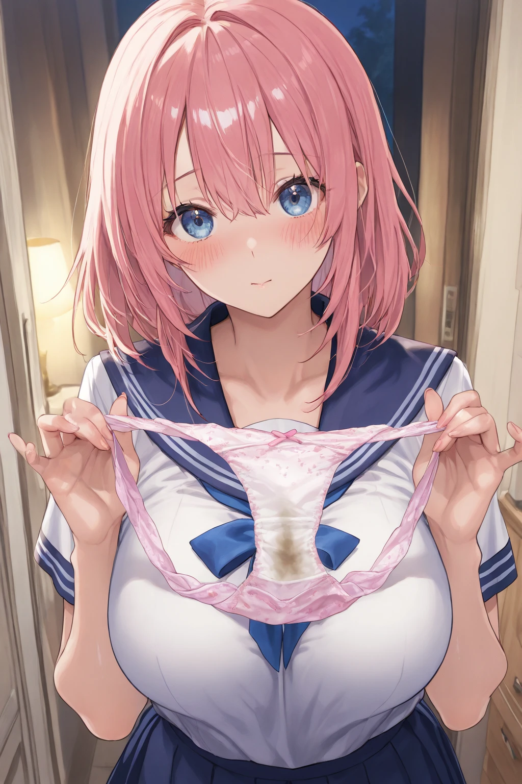 upper body,in the train,shift down bra , mini skirt, open shirt , pulled bra,screaming, blush,surprised,nipples , arms behind back, ,( ugly man  shift down bra from front:2) ,slim, large breasts,chieru (princess connect!), princess connect!, pink hair, hair ornament, hair bow, ahoge, short hair, blue bow, star hair ornament, yellow eyes, pink hairband, one eye closed, ;q, bracelet, belt, frills, short sleeves, jacket, pleated skirt, white shirt, pink bow, hooded jacket, frilled skirt, 