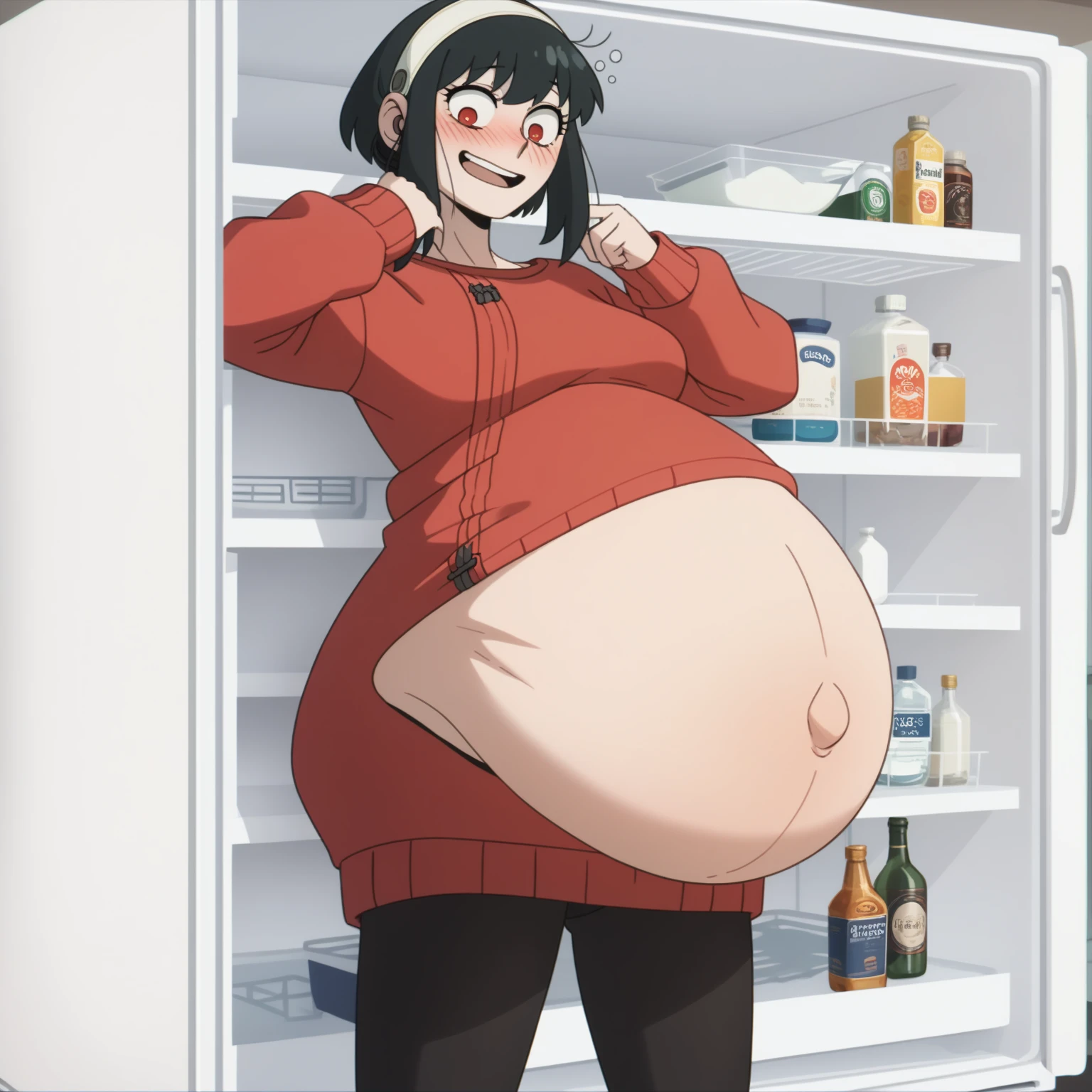 fat, large belly, big belly, very fat, large stomach, chubby (best quality, masterpiece), fat belly, at, large belly, standing, grabbing belly, very fat, large stomach, chubby (best quality, masterpiece), thanksgiving, wearing sweater, grabbing belly, sitting down, table with of food, table tons of food, lots of food, holding belly, table with food,
